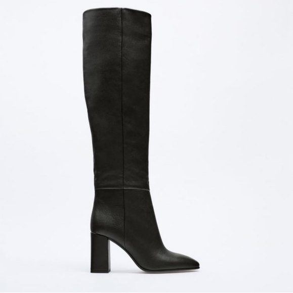 Zara heeled leather knee high boots black NWT - Picture 2 of 15
